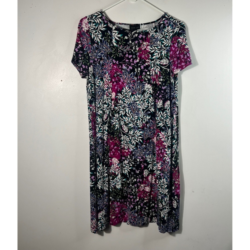 J Jill Wearever Collection Floral Short Sleeve Dress Princess Seams MP Black